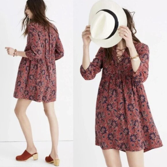 Madewell Dresses & Skirts - Madewell Maroon Red Assam Floral 100% Silk Lace Up 3/4 Sleeve Babydoll Dress
